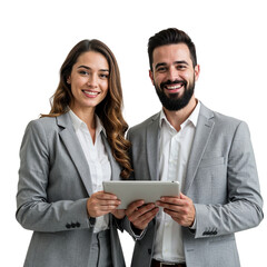 Smiling professional business couple holding a tablet computer together isolated on transparent background