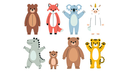 Eight Adorable Animal Characters, Including Bear, Fox, Koala, Unicorn, Dinosaur, and Tiger, Standing on a White Background