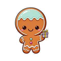 Adorable gingerbread man character with blue icing, holding a small gift, perfect for holiday designs and sweet celebrations.