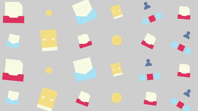 Pattern of Colorful Floating Envelopes and Stamps on Light Gray Background, Graphic Illustration, Abstract Design, Top View, Digital Art