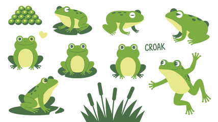 Illustrated Set of Green Frogs in Various Poses with Eggs, Reeds, and Croak Text