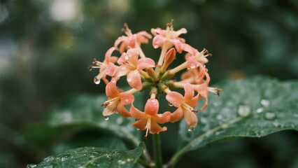 Close-up of a cluster of pinkish-orange flowers with dew drops on green leaves in a natural setting