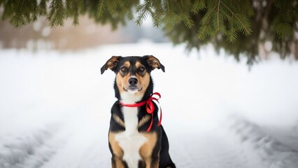 A charming medium-sized mixed-breed dog with a red ribbon around its neck sits patiently in a snowy forest during the festive Christmas season, waiting for its owner