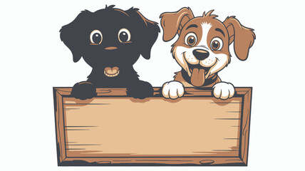 Two Cartoon Dogs Holding a Blank Wooden Sign Ready For Your Text or Logo