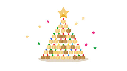 Christmas tree crafted from recycled wine corks, illuminated with small, colorful lights and topped with a star. Wine tree festive holiday background. vector icon