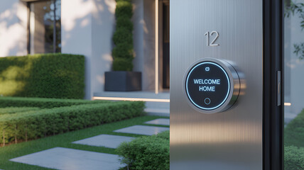 Smart home entrance with digital door lock and touchscreen access panel, futuristic residential security system, modern architecture with warm ambient lighting, AI-powered home access technology, real