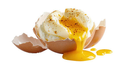 Soft Boiled Egg with Open Shell and Flowing Yolk in Egg Cup, Breakfast Meal Prep isolated on a white background