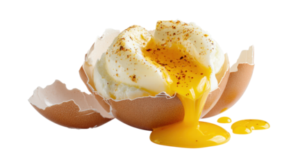 Soft Boiled Egg with Open Shell and Flowing Yolk in Egg Cup, Breakfast Meal Prep isolated on a white background
