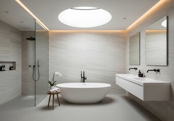 Modern Bathroom Design with Bathtub, Shower, and Double Vanity.