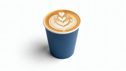 A blue disposable paper coffee cup with beautiful latte art on top, featuring a delicate rosetta design. The takeaway coffee is isolated on a clean white background.