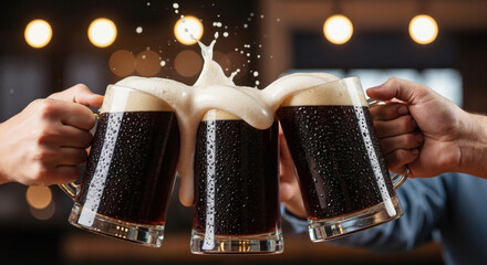 Three male hands clinking cold dark beer sweating mugs, stout frothy head splashes mid air, warm lights background