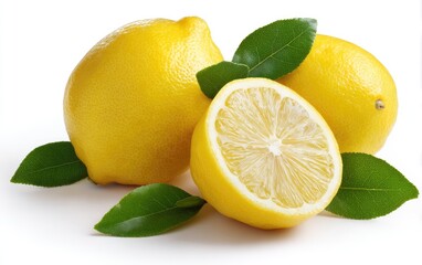 Two whole and one sliced lemon with leaves