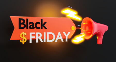 3D rendered Black Friday sale concept with a bright orange banner, dollar sign, and a red megaphone blasting electric lightning bolts on a dark background.