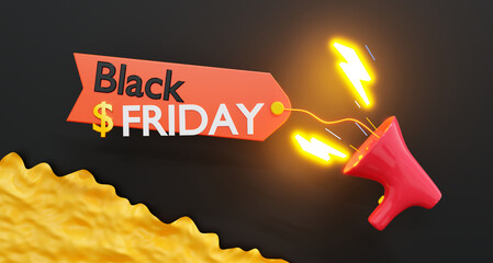 3D rendered Black Friday sale concept with a bright orange banner, dollar sign, and a red megaphone blasting electric lightning bolts on a dark background.