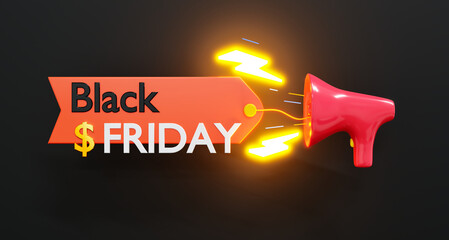 3D rendered Black Friday sale concept with a bright orange banner, dollar sign, and a red megaphone blasting electric lightning bolts on a dark background.