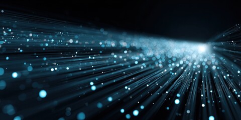 Abstract tunnel of blue lights and rays on black, converging on a bright point