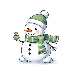 A cheerful cartoon snowman wearing a green hat and scarf holds a tiny pink heart, isolated on a white background. Perfect for winter, holidays, and love themes.