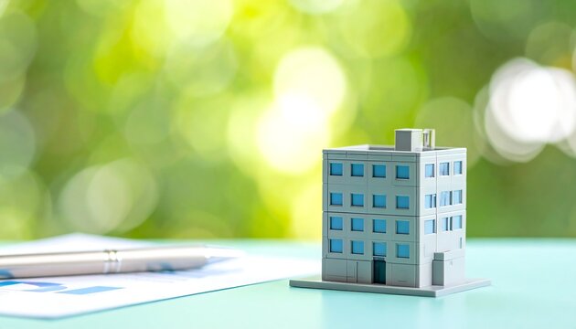 自然光に照らされたタワーマンション模型が不動産投資の安定を示す構図