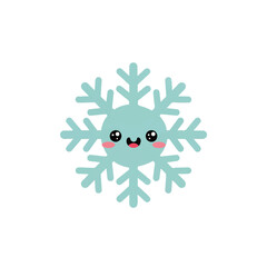 Adorable kawaii style light blue snowflake illustration with a smiling face on a white background, perfect for winter, holiday, and cheerful designs.