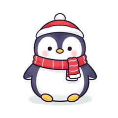 A super cute cartoon penguin wearing a red Santa hat and a striped red scarf, perfect for winter and holiday themes. Adorable illustration with a friendly and cheerful expression.