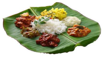 South Indian style lunch or dinner meal or food served with a selection of recipes over a banana leaf isolated on a white background
