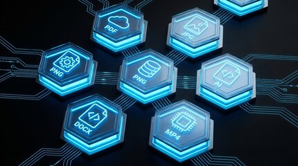 Glowing hexagonal blocks displaying various file formats and icons on a dark black background, creating a futuristic, high-tech digital interface