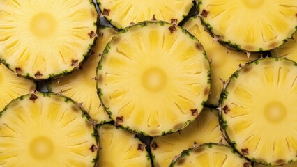 A vibrant, full-frame background of overlapping, juicy yellow pineapple slices. This fresh and tropical fruit texture is perfect for healthy food and summer-themed concepts.