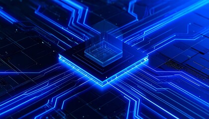 近未来の都市に輝く半導体チップが電子回路の中心で発光する幻想的な光景