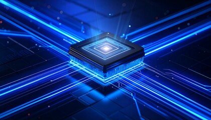 近未来の半導体プロセッサが深い青の光を放ちながらデータ伝送を行う姿