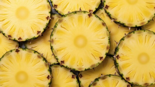 A vibrant, full-frame background of overlapping, juicy yellow pineapple slices. This fresh and tropical fruit texture is perfect for healthy food and summer-themed concepts. - Powered by Adobe