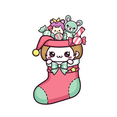 Adorable kawaii girl in a Santa hat peeks from a festive Christmas stocking overflowing with cute toys and colorful candies, perfect for holiday designs and celebrations.