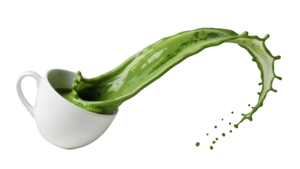 Vibrant green liquid splash, resembling refreshing matcha tea or a healthy smoothie, dynamically bursts from a white cup, captured with energetic motion against a clean transparent background