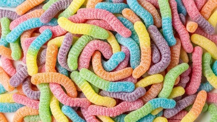 A cheerful and colorful full-frame background of sour gummy worm candies. The vibrant, multi-colored, and sugar-coated worms create a fun and playful texture for party and sweet concepts.