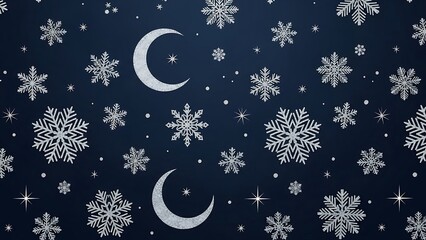 Winter Night Sky with Snowflakes and Crescent Moons.