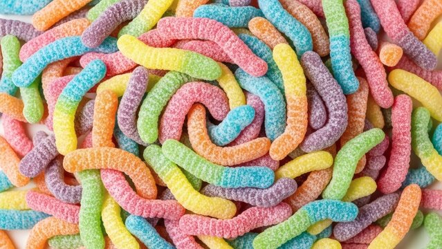 A cheerful and colorful full-frame background of sour gummy worm candies. The vibrant, multi-colored, and sugar-coated worms create a fun and playful texture for party and sweet concepts.