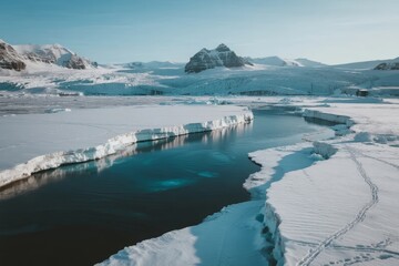 A serene glacial landscape with a narrow water channel cutting through snow-covered ice fields and distant snow-capped mountains under a clear blue sky.