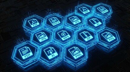 Fototapeta premium Glowing hexagonal blocks displaying various file formats and icons on a dark black background, creating a futuristic, high-tech digital interface