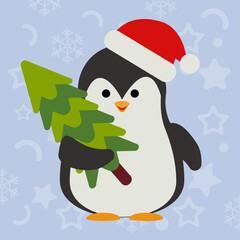 Penguin in red Santa hat holding bright green Christmas tree. Perfect festive vector element for winter holiday cards, banners, invitations, and promo designs