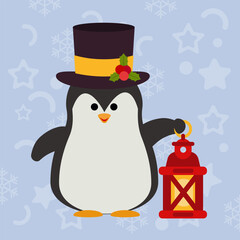 Charming Christmas penguin in black top hat holding bright red oil lantern. Ideal festive vector for winter greeting cards, banners, invitations, and holiday promotional design
