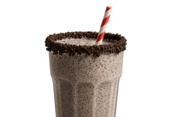 Delicious cookies and cream milkshake with striped straw on transparent background