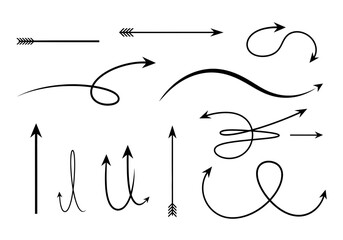 Set of hand drawn black arrows and cursors, doodle style icons for navigation and directional guidance