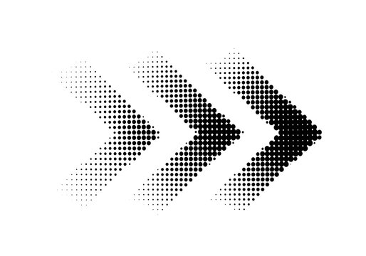 Three right pointing arrows made of halftone dots, fading in size and density