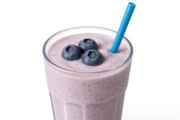 Delicious blueberry smoothie in a glass with a blue straw and transparent background.