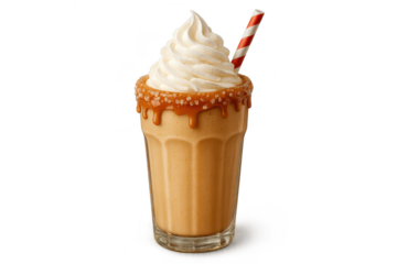 Delicious caramel milkshake with whipped cream and straw on a transparent background.