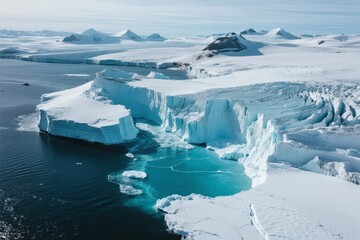 Aerial view of massive icebergs and glaciers in a polar region with turquoise water and snow-covered terrain