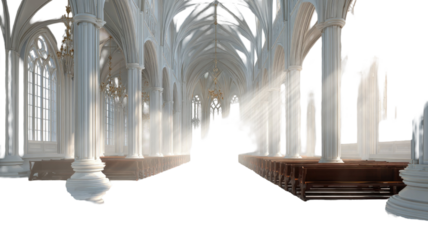 The ancient stone arch and soaring columns inside a historic Gothic cathedral in Europe display impressive religious architecture