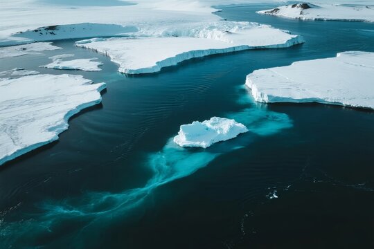 Aerial view of floating icebergs and glacial meltwater in a polar region - Powered by Adobe