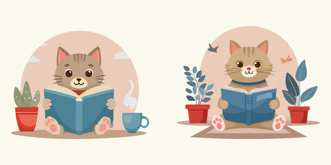 Cute cartoon cat reading a book with a cup of tea next to it, surrounded by plants