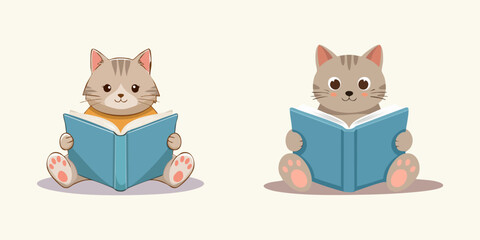 Adorable cartoon cats engrossed in reading books, depicting a love for learning and knowledge, perfect for children's education and literary themes and a heartwarming educational scene
