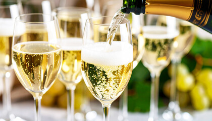 Champagne being poured into glasses, macro shot. AI